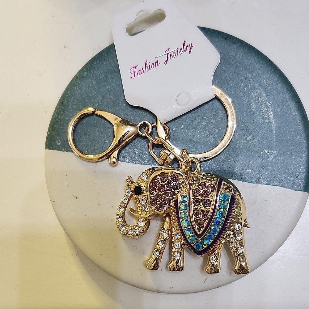 Gold Elephant Bag Charm/Keychain W/Blue & Purple Rhinestone Accents NWT